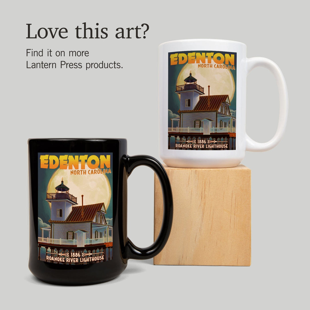 Edenton, North Carolina, Lighthouse and Moon, Roanoke River Lighthouse, Lantern Press Artwork, Ceramic Mug Mugs Lantern Press 