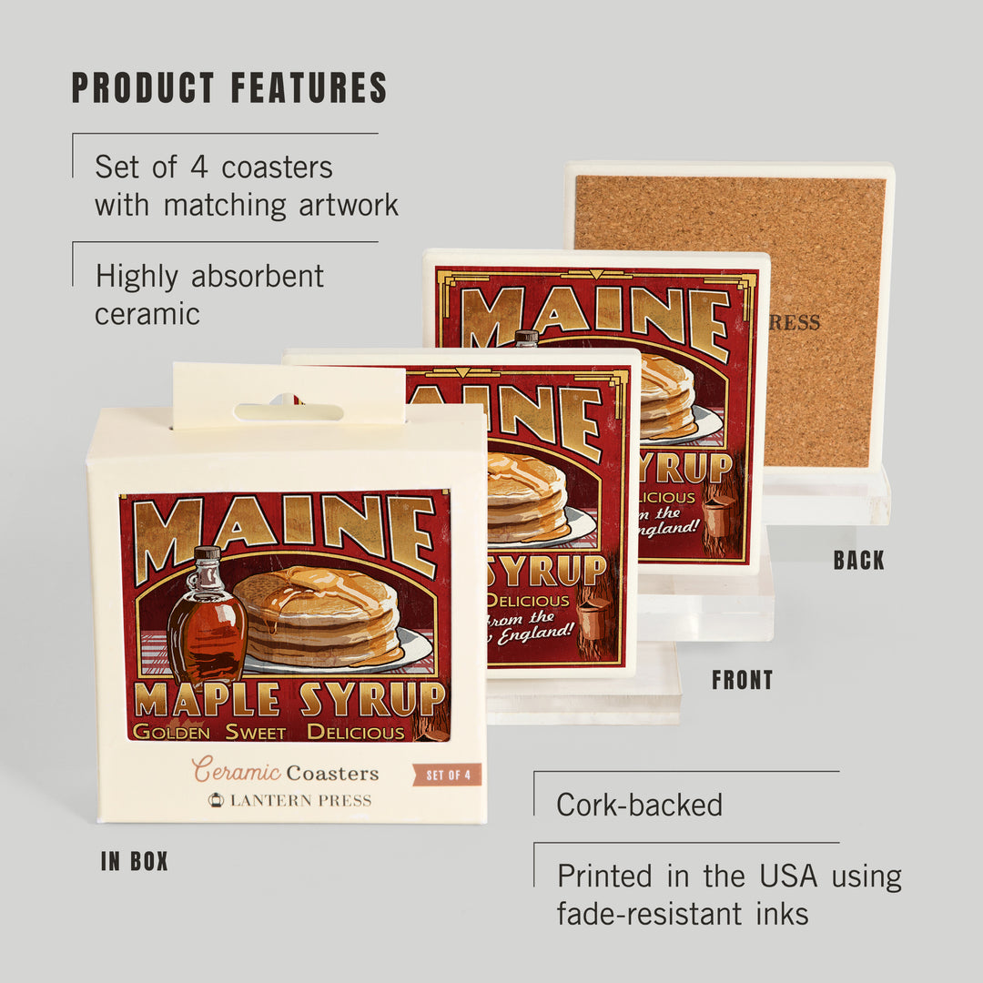 Maine, Maple Syrup Vintage Sign, Coasters