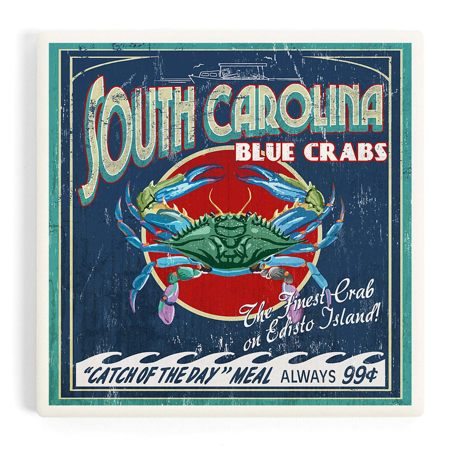 Edisto Beach, South Carolina, Blue Crabs Vintage Sign, Coasters Coasters Lantern Press 