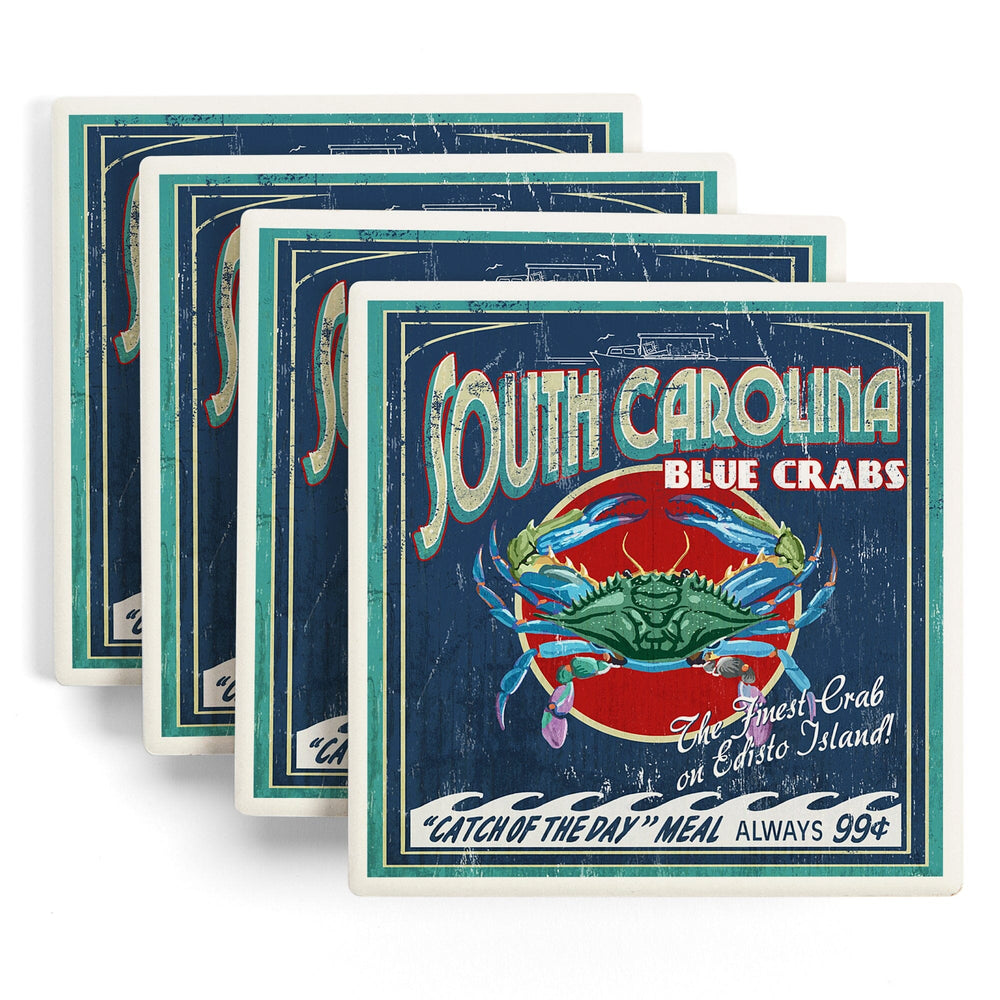 Edisto Beach, South Carolina, Blue Crabs Vintage Sign, Coasters Coasters Lantern Press 