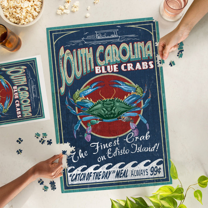 Edisto Beach, South Carolina, Blue Crabs Vintage Sign, Jigsaw Puzzle Puzzle Lantern Press 