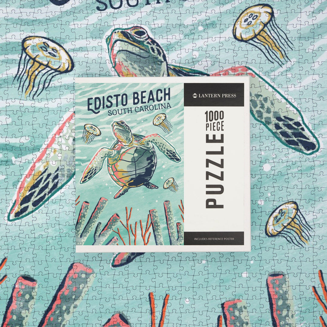 Edisto Beach, South Carolina, Graphic Pastel, Sea Turtle, Jigsaw Puzzle Puzzle Lantern Press 
