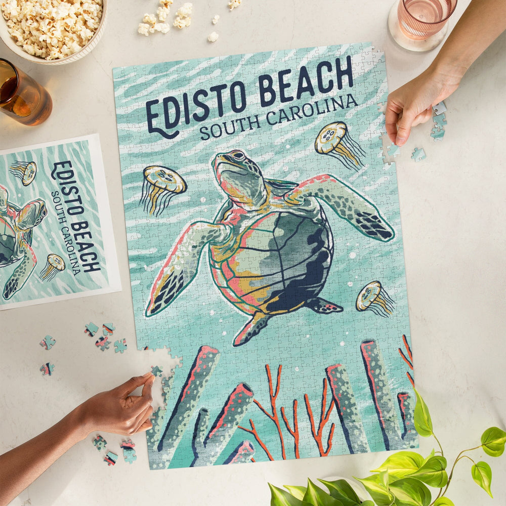 Edisto Beach, South Carolina, Graphic Pastel, Sea Turtle, Jigsaw Puzzle Puzzle Lantern Press 