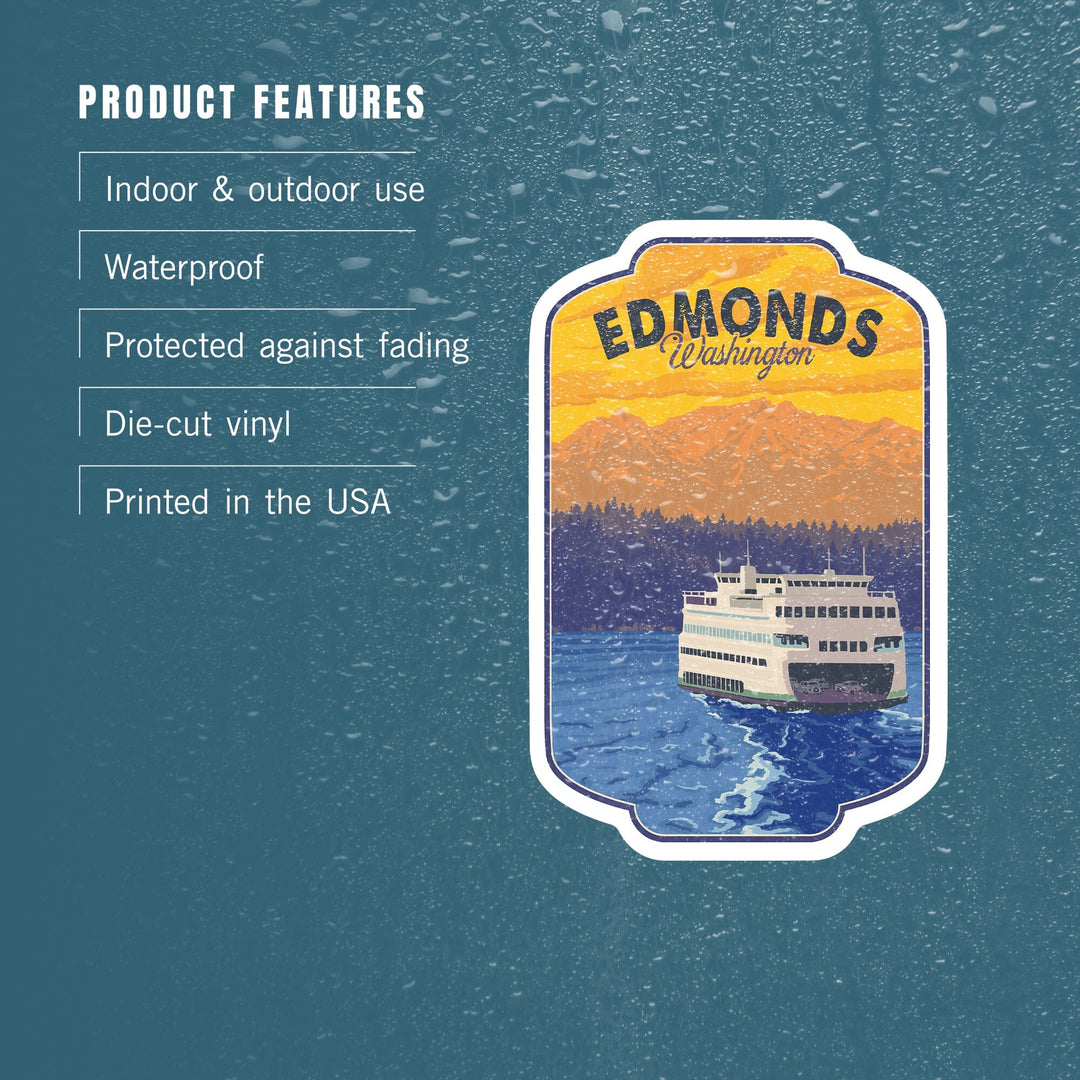 Edmonds, Washington, Ferry and Mountains, Contour, Lantern Press Artwork, Vinyl Sticker - Lantern Press