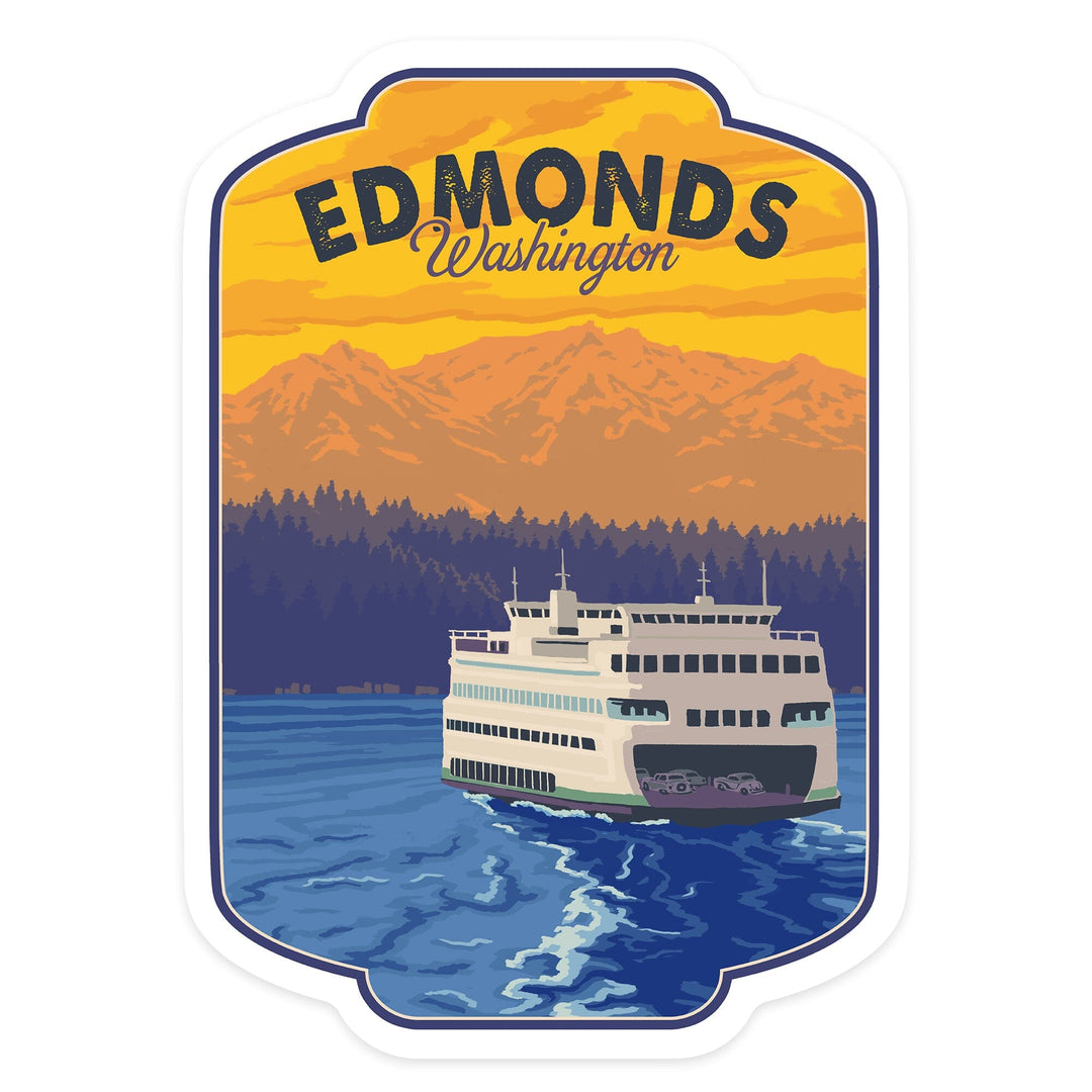 Edmonds, Washington, Ferry and Mountains, Contour, Lantern Press Artwork, Vinyl Sticker - Lantern Press