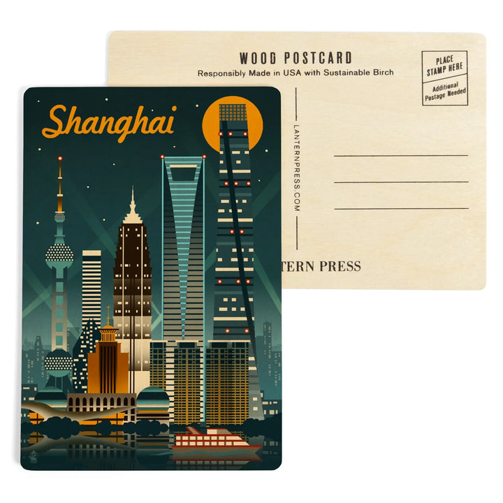 Shanghai, China, Retro Skyline, Wood Sign and Postcards