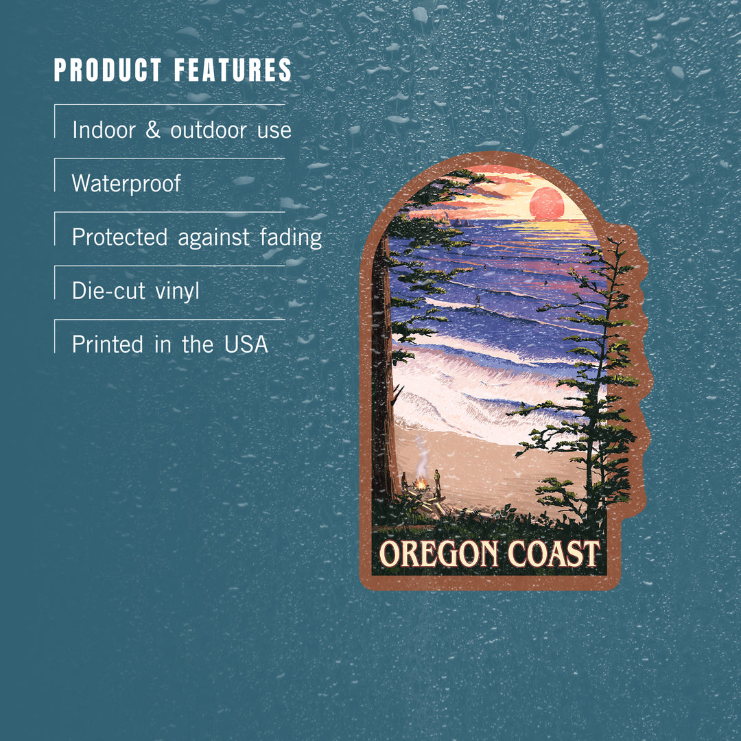 Oregon Coast, Sunset Surfers, Contour, Vinyl Sticker