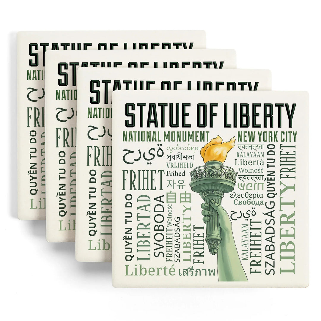 New York City, New York, Statue of Liberty, Torch, Freedom Typography, Coasters