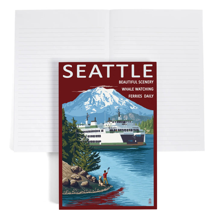 Lined 6x9 Journal, Seattle, Washington, Ferry and Mount Rainier Scene, Lay Flat, 193 Pages, FSC paper