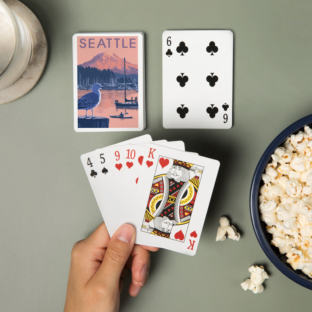 Playing Cards, Seattle, Washington, Marina and Rainier at Sunset, 52 Card Deck with Jokers in Box, Unique Art