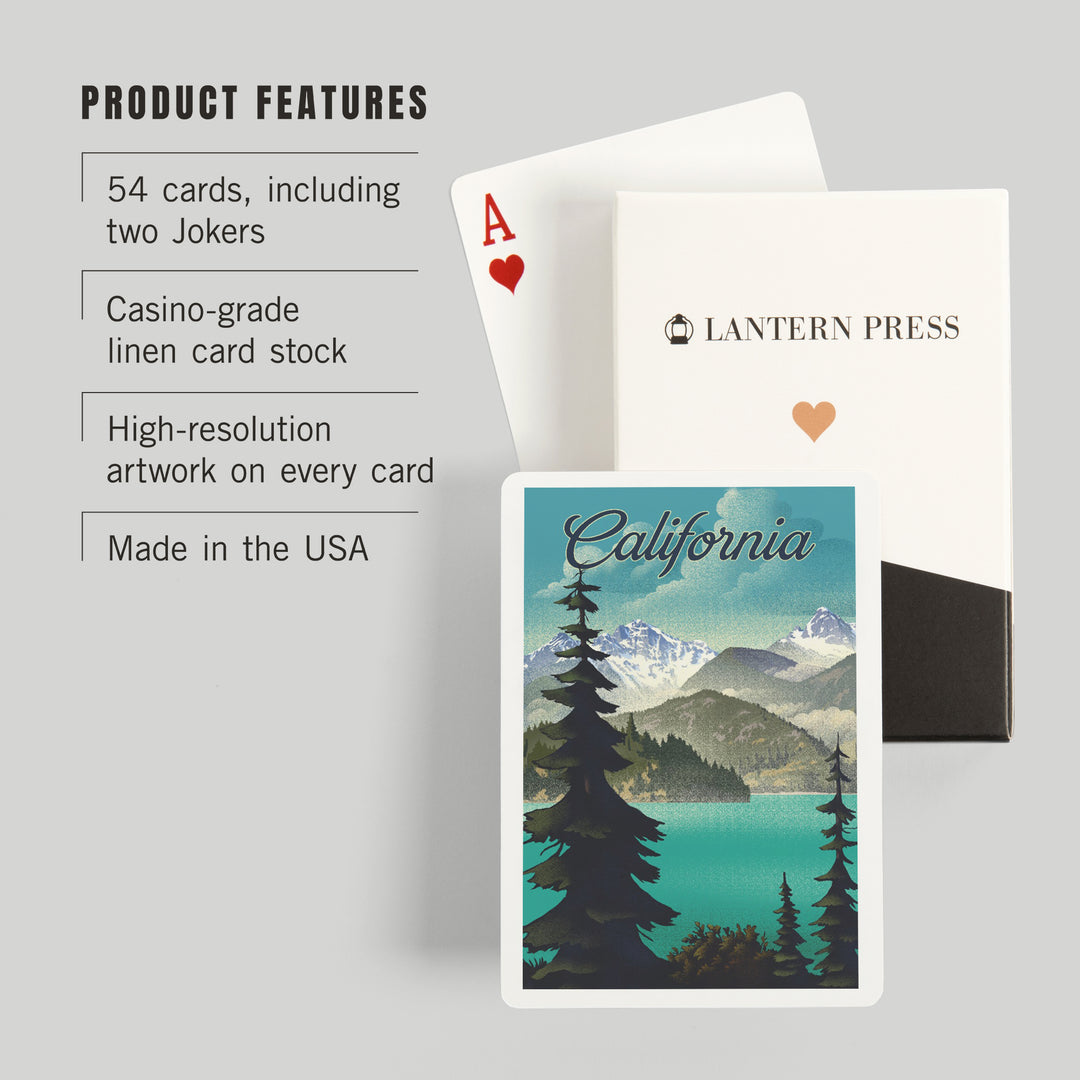 Playing Cards, California, Lithograph, Lake and Mountains Scene, 52 Card Deck with Jokers in Box, Unique Art