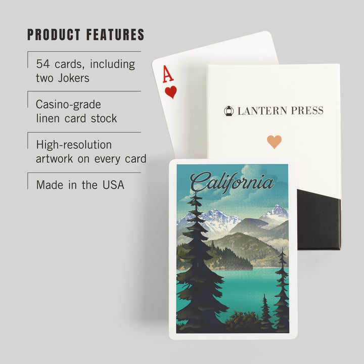 Playing Cards, California, Lithograph, Lake and Mountains Scene, 52 Card Deck with Jokers in Box, Unique Art