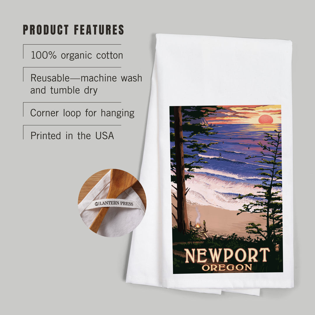 Newport, Oregon, Sunset Beach and Surfers, Organic Cotton Kitchen Tea Towels