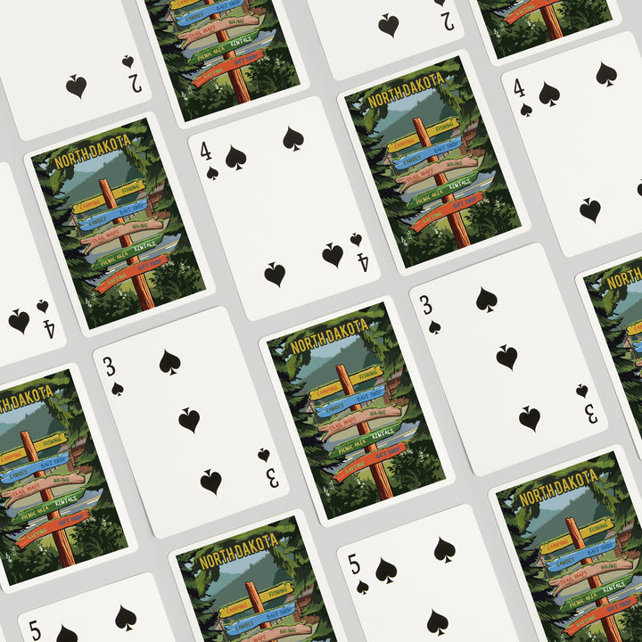 Playing Cards, North Dakota, Signpost, Forest and Camp, 52 Card Deck with Jokers in Box, Unique Art