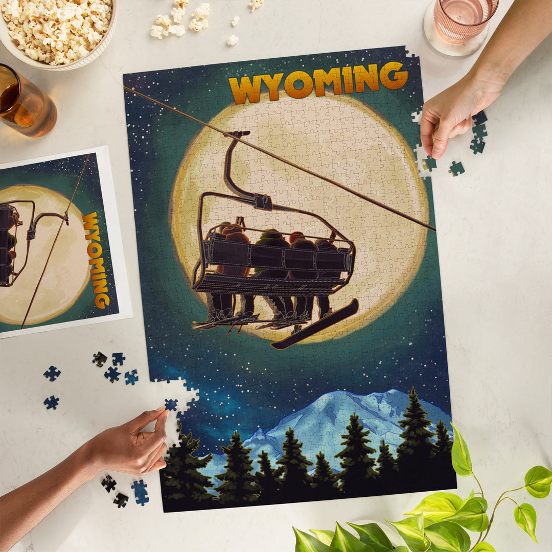 Wyoming, Ski Lift and Full Moon, Snowboarder, 1000 Piece Jigsaw Puzzle
