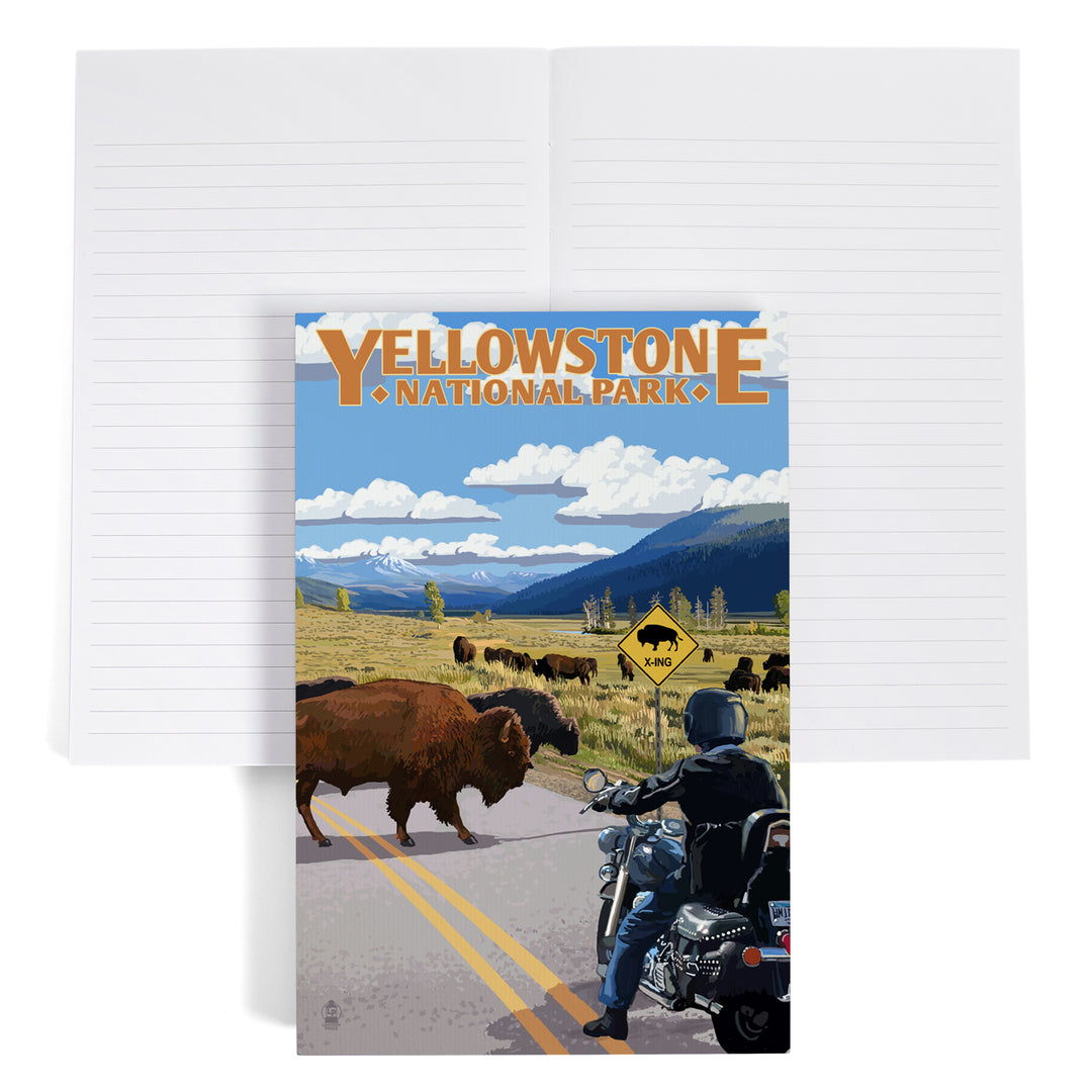 Lined 6x9 Journal, Yellowstone National Park, Wyoming, Motorcycle and Bison, Lay Flat, 193 Pages, FSC paper