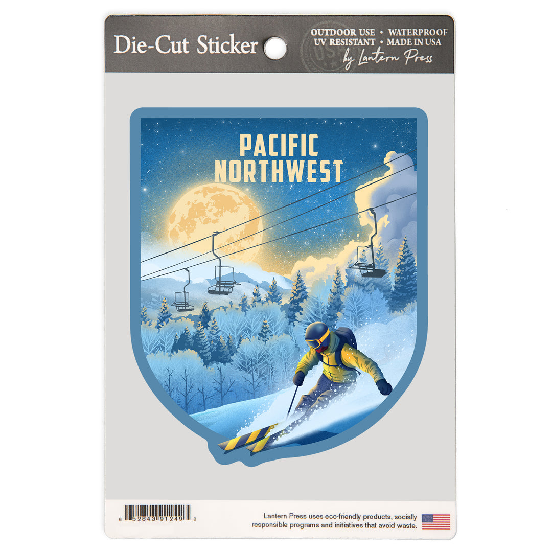 Pacific Northwest, Lithograph, Night Ski, Vinyl Sticker