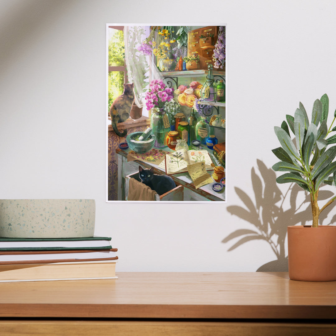 Garden Apothecary, With Cat, Oil Painting, Art & Giclee Prints