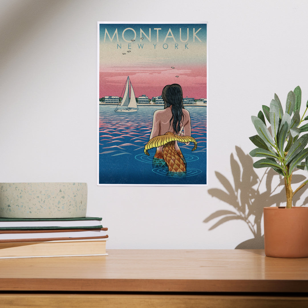 Montauk, New York, Mermaid and Beach, Woodblock Print, Art & Giclee Prints