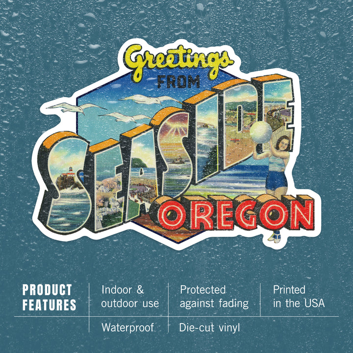 Greetings from Seaside, Oregon, Big Letters, Vintage Postcard, Contour, Vinyl Sticker