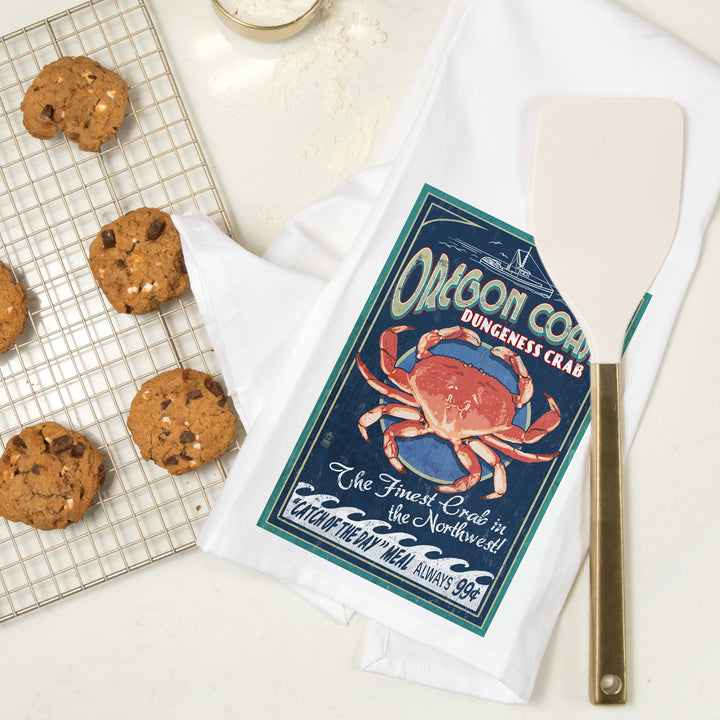 Oregon Coast, Dungeness Crab Vintage Sign, Organic Cotton Kitchen Tea Towels