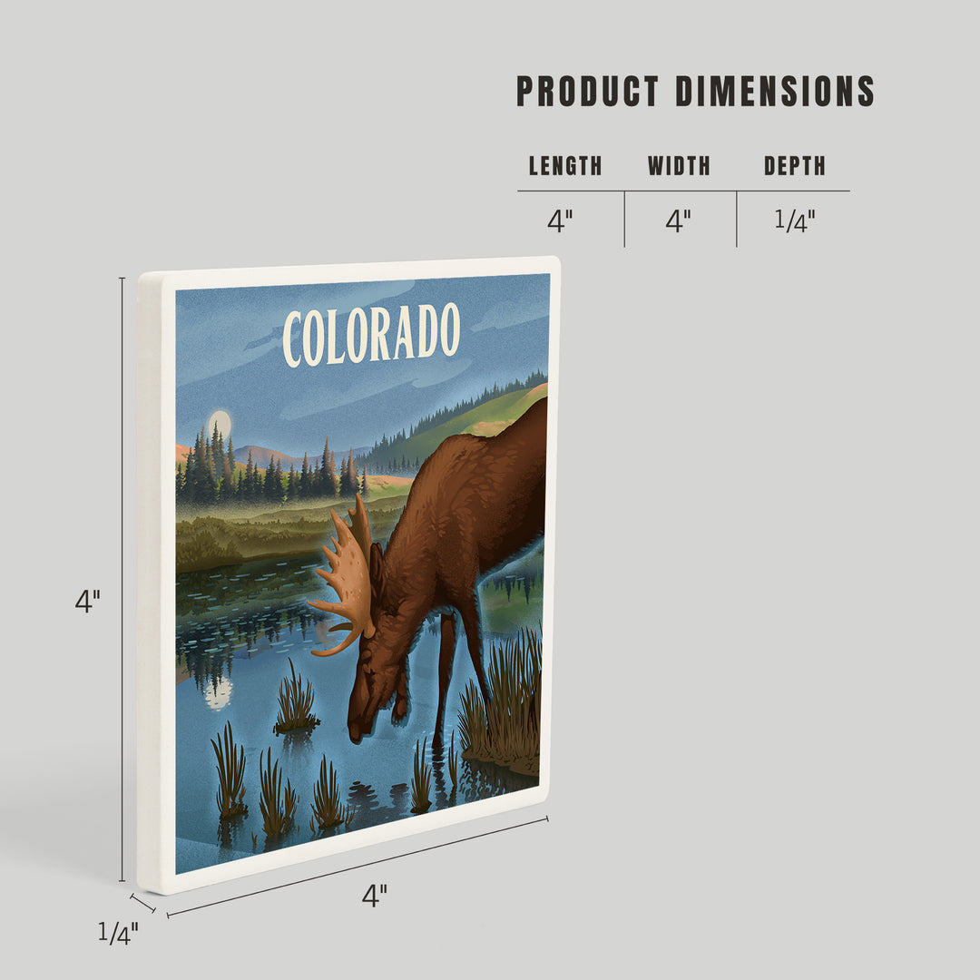Colorado, Lithograph, Reflection Pond and Bull Moose, Coasters