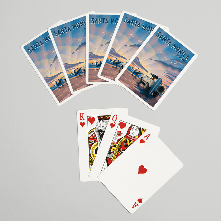 Playing Cards, Santa Monica, California, Lithograph, Wake Up! Surf's Up!, Surfers on Beach, 52 Card Deck with Jokers in Box, Unique Art