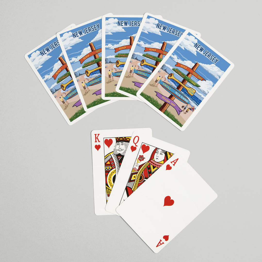 Playing Cards, New Jersey, Signpost, Coast Beach with Pier, 52 Card Deck with Jokers in Box, Unique Art