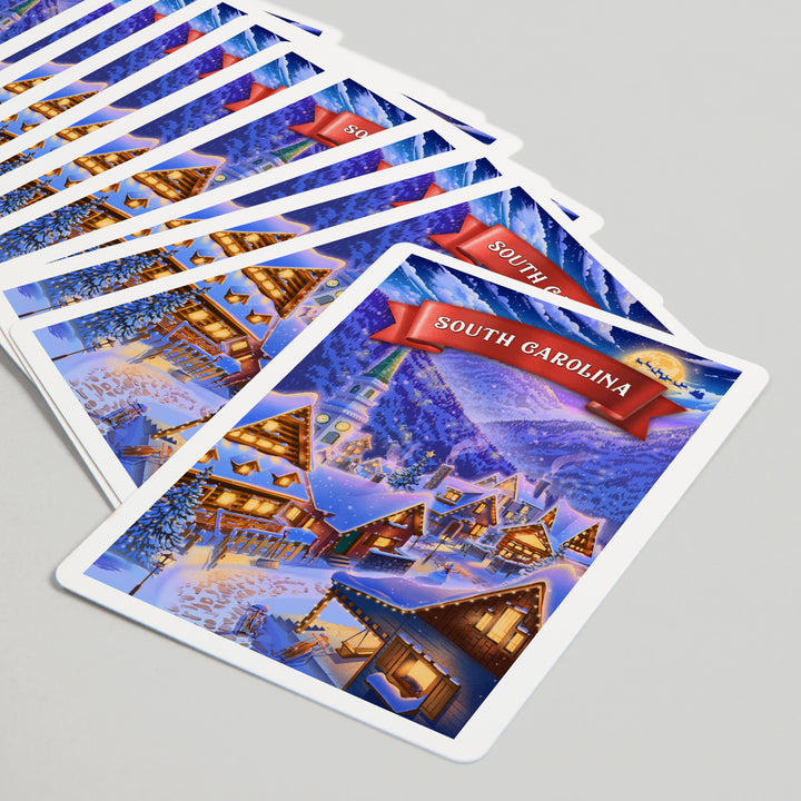 Playing Cards, South Carolina, Sleepy Winter Village, 52 Card Deck with Jokers in Box, Unique Art