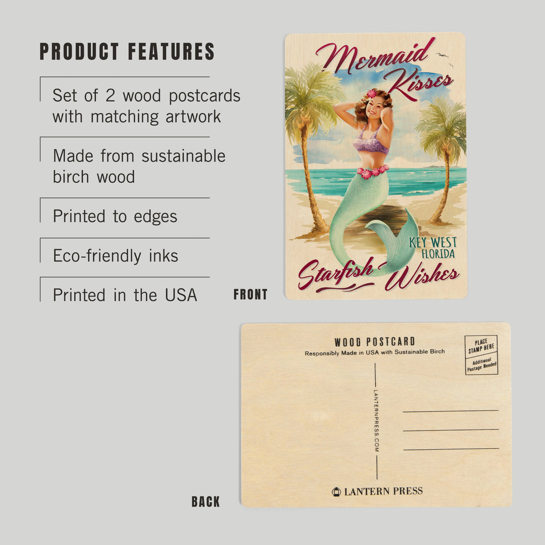 Key West, Florida, Mermaid Kisses and Starfish, Wood Sign and Postcards
