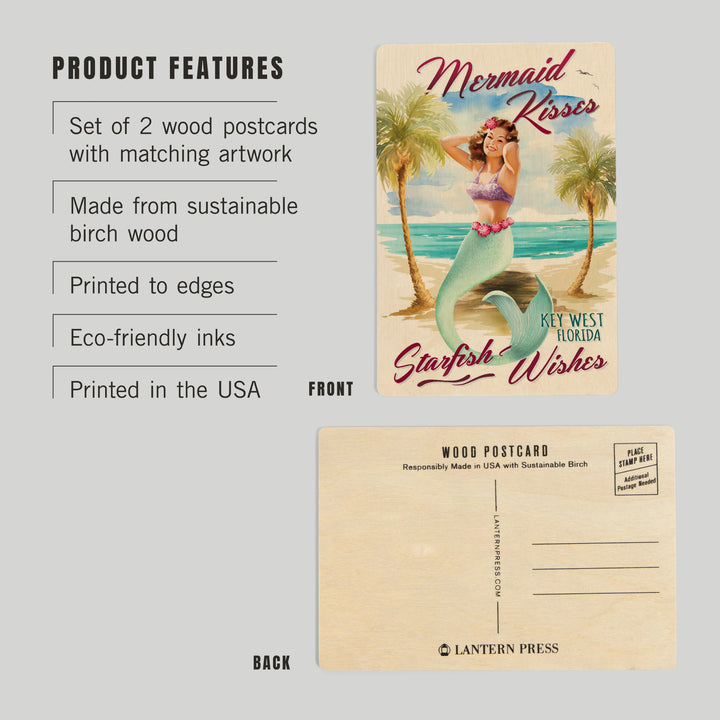 Key West, Florida, Mermaid Kisses and Starfish, Wood Sign and Postcards
