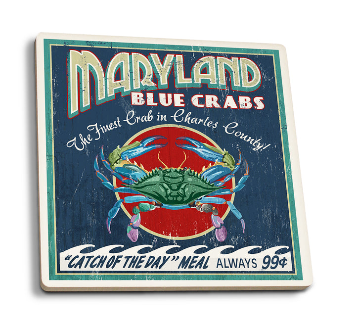 Charles County, Maryland, Blue Crab Vintage Sign, Coaster Set