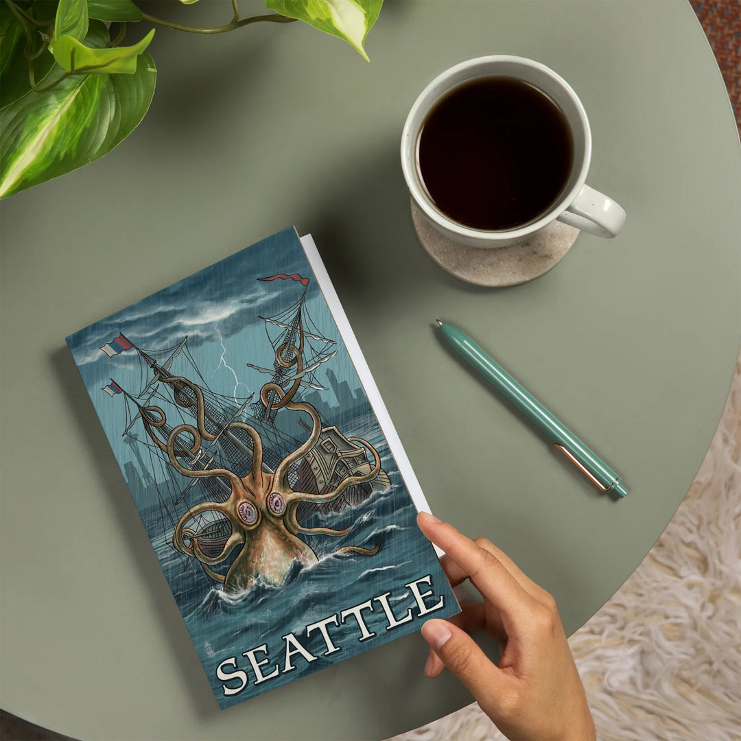 Lined 6x9 Journal, Seattle, Washington, Kraken Attacking Ship, Lay Flat, 193 Pages, FSC paper