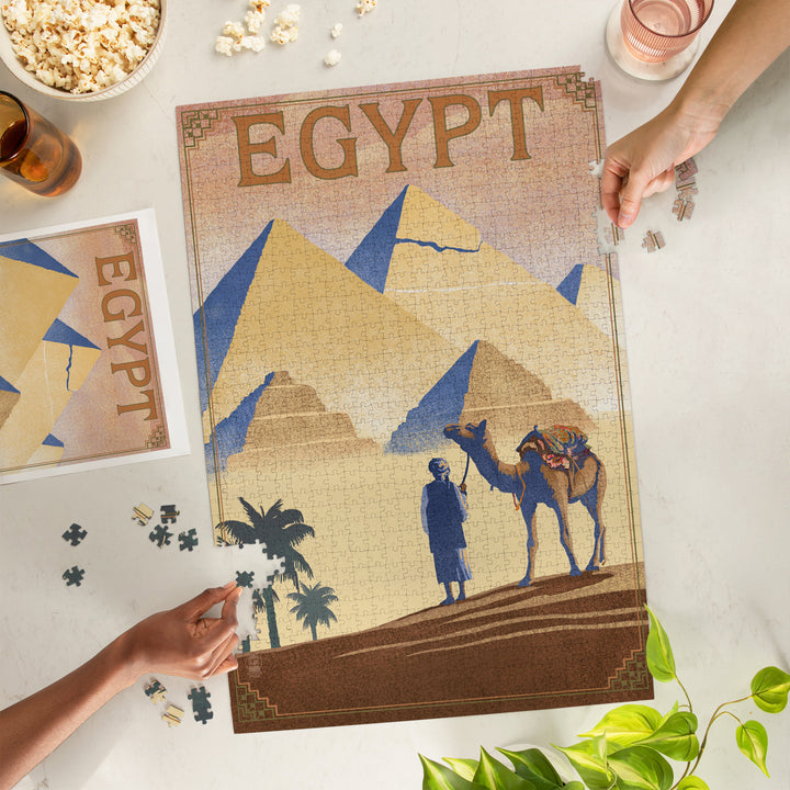 Egypt, Pyramids, Lithograph Style, Jigsaw Puzzle Puzzle Lantern Press 