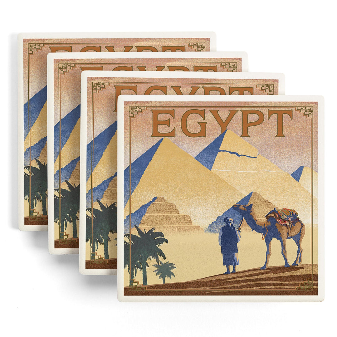 Egypt, Pyramids, Lithograph Style, Lantern Press Artwork, Coaster Set - Lantern Press