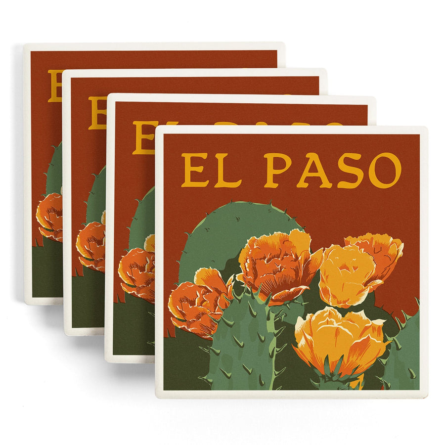 El Paso, Prickly Pear Cactus, Letterpress, Lantern Press Artwork, Coaster Set - Lantern Press