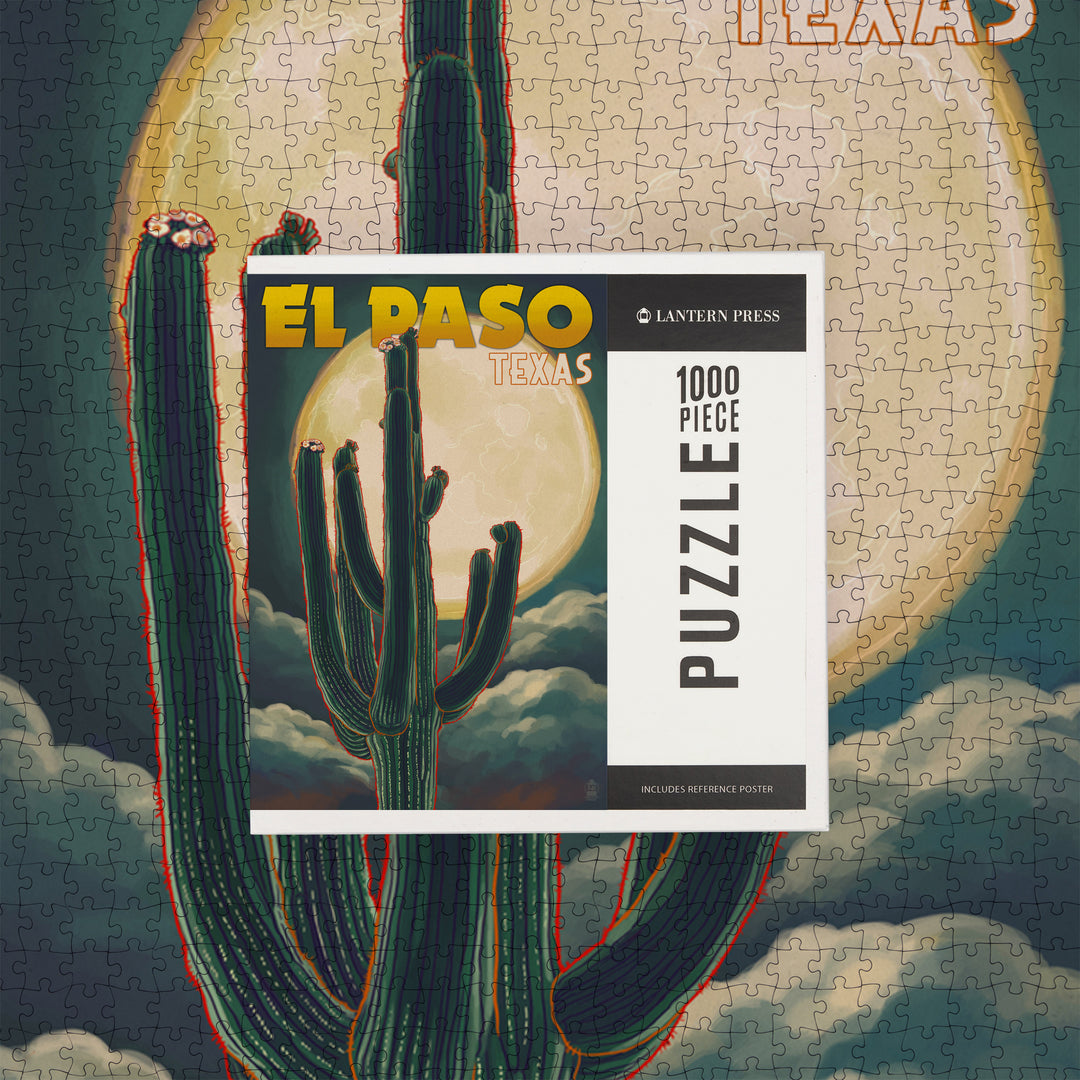 El Paso, Texas, Cactus and Full Moon, Jigsaw Puzzle Puzzle Lantern Press 