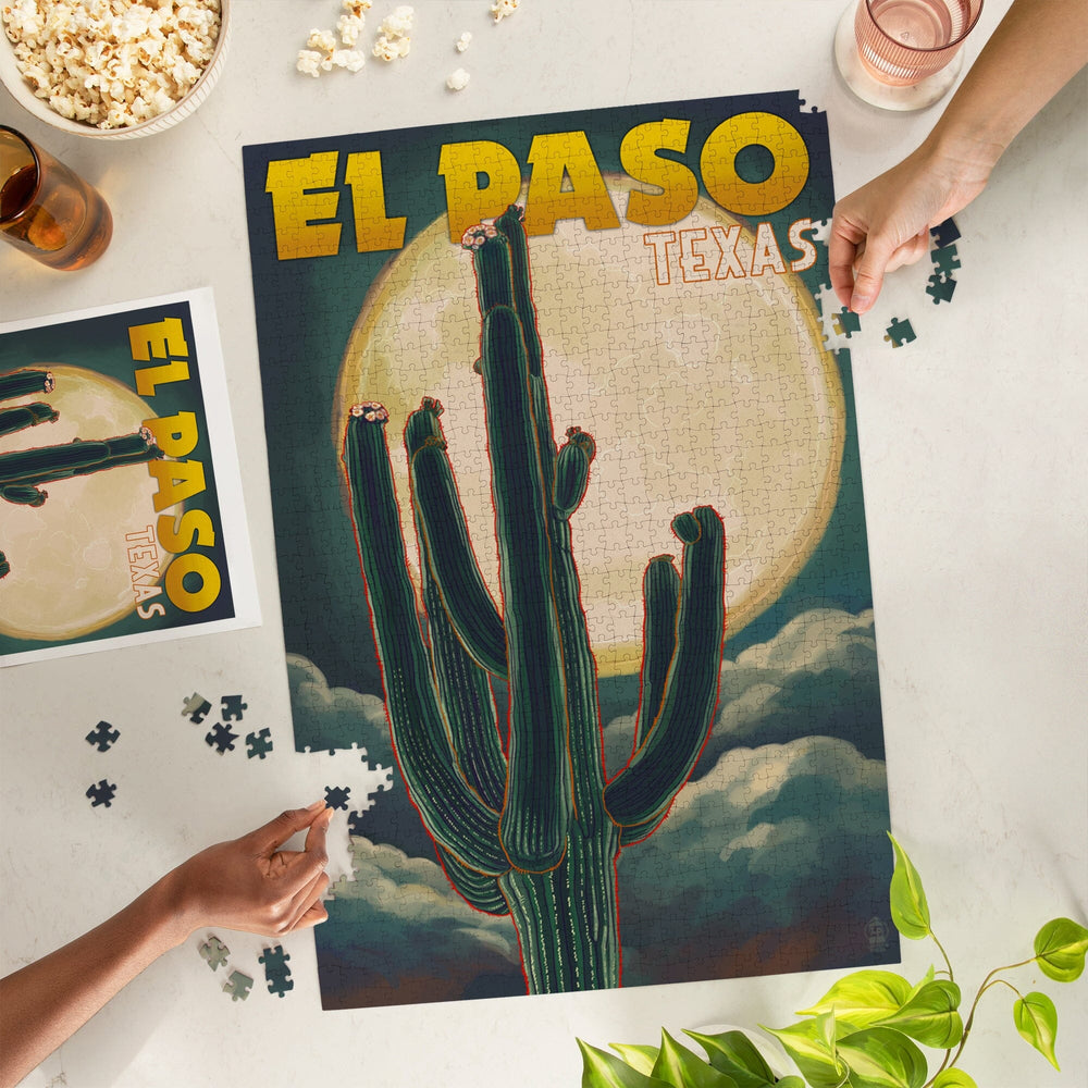 El Paso, Texas, Cactus and Full Moon, Jigsaw Puzzle Puzzle Lantern Press 