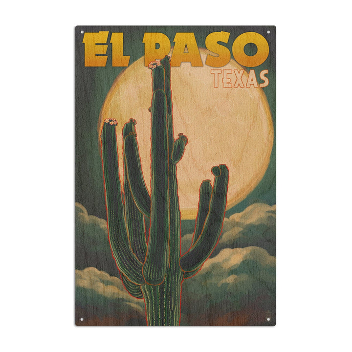 El Paso, Texas, Cactus & Full Moon, Lantern Press Artwork, Wood Signs and Postcards Wood Lantern Press 10 x 15 Wood Sign 