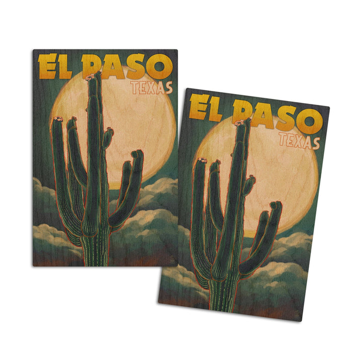 El Paso, Texas, Cactus & Full Moon, Lantern Press Artwork, Wood Signs and Postcards Wood Lantern Press 4x6 Wood Postcard Set 