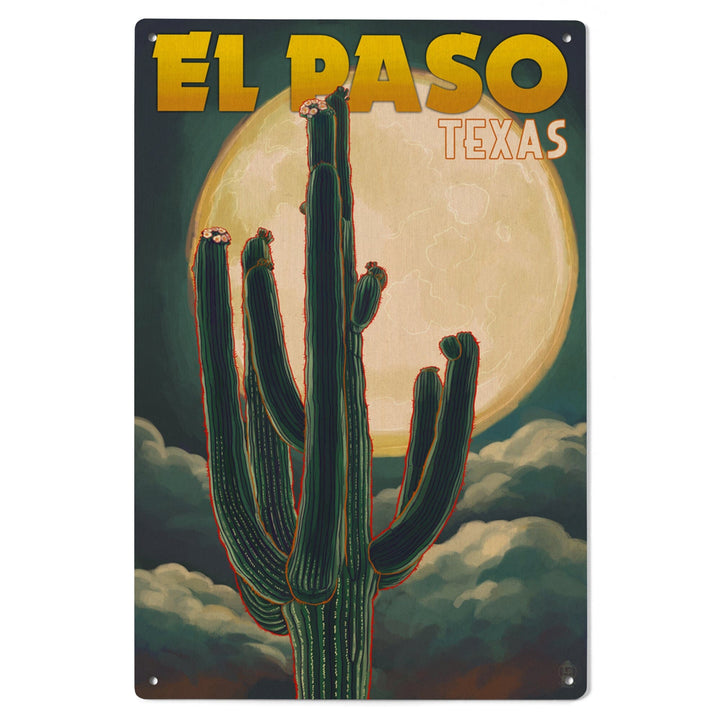 El Paso, Texas, Cactus & Full Moon, Lantern Press Artwork, Wood Signs and Postcards Wood Lantern Press 