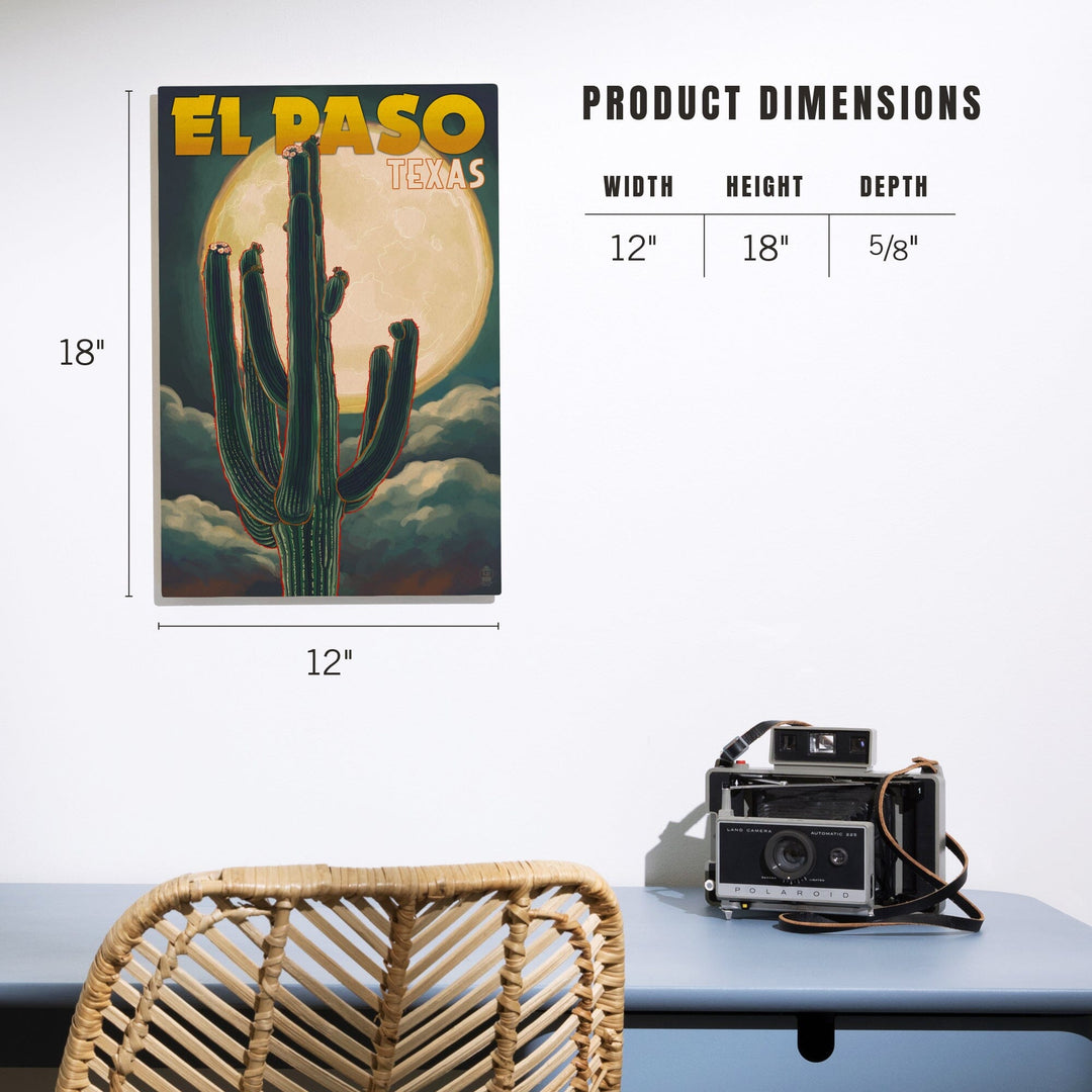 El Paso, Texas, Cactus & Full Moon, Lantern Press Artwork, Wood Signs and Postcards Wood Lantern Press 