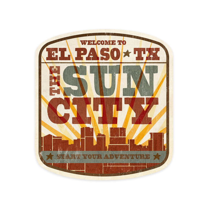 El Paso, Texas, Skyline and Sunburst Screenprint Style, Contour, Vinyl Sticker Sticker Lantern Press 