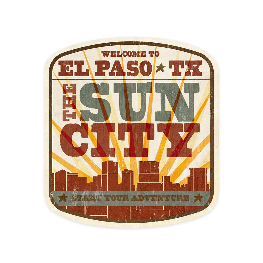 El Paso, Texas, Skyline and Sunburst Screenprint Style, Contour, Vinyl Sticker Sticker Lantern Press 