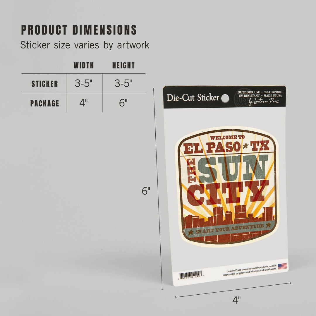 El Paso, Texas, Skyline and Sunburst Screenprint Style, Contour, Vinyl Sticker Sticker Lantern Press 