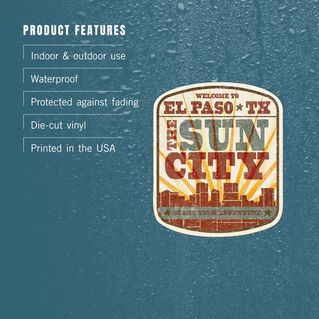 El Paso, Texas, Skyline and Sunburst Screenprint Style, Contour, Vinyl Sticker Sticker Lantern Press 