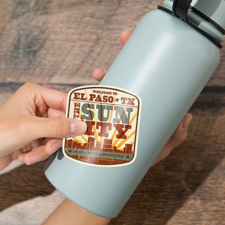 El Paso, Texas, Skyline and Sunburst Screenprint Style, Contour, Vinyl Sticker Sticker Lantern Press 