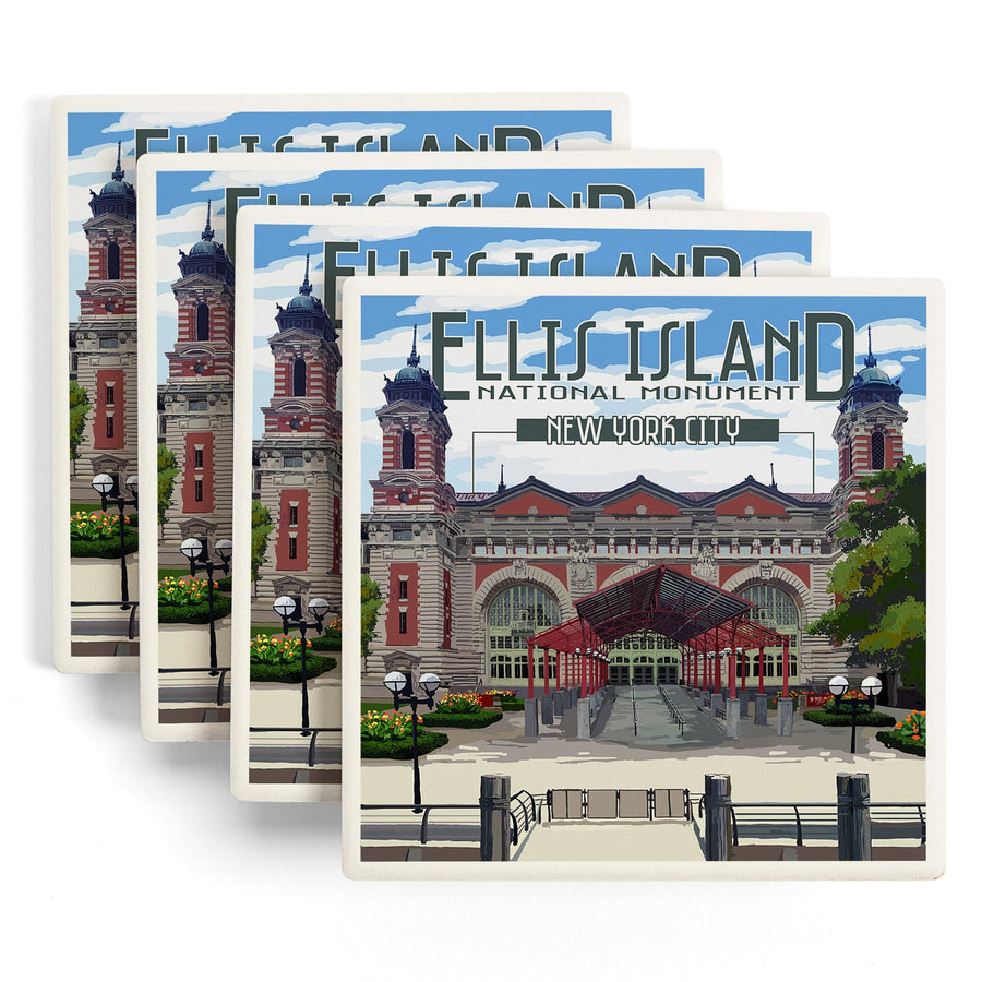 Ellis Island National Monument, New York City, Building Exterior, Lantern Press Artwork, Coaster Set - Lantern Press