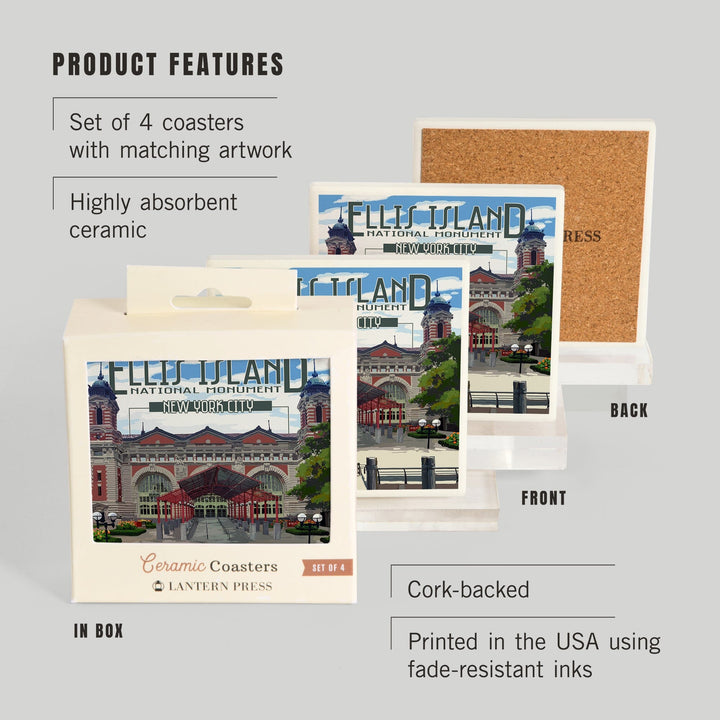 Ellis Island National Monument, New York City, Building Exterior, Lantern Press Artwork, Coaster Set - Lantern Press