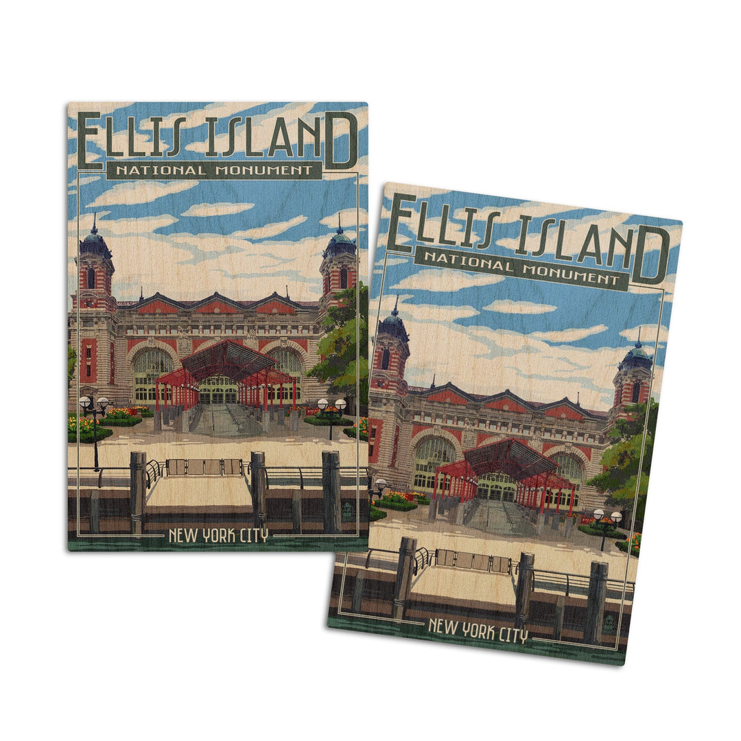 Ellis Island National Monument, New York City, Building Exterior, Lantern Press Artwork, Wood Signs and Postcards Wood Lantern Press 4x6 Wood Postcard Set 